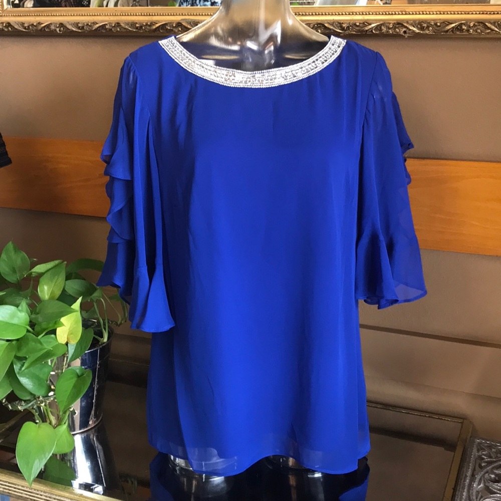 MSK BLUE BLOUSE W RHINESTONE ACCENT AND RUFFLES